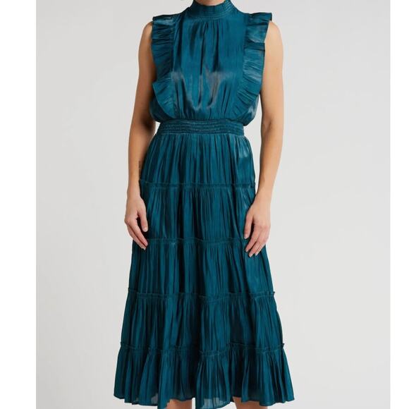 GREY COLLECTIVE NWT Hi-Neck Ruffle Sleeve Smocked Tiered Maxi Dress L TEAL - Picture 1 of 11